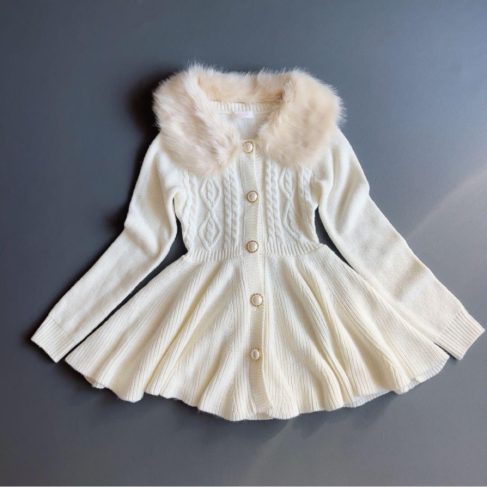 RARE LIZ LISA Cream Fur Collar Sweater Long Sleeve Mini Dress